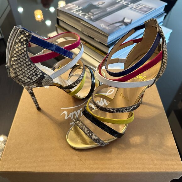 Suede Snakeskin Patent Metallic Calfskin Mariniere 100 Cage Sandals Multicolor - Picture 1 of 7